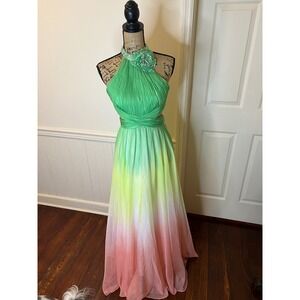 Mac Duggal Ombre Halter Neck Ruched Gown Green‎ Pink Yellow Formal Size 2
